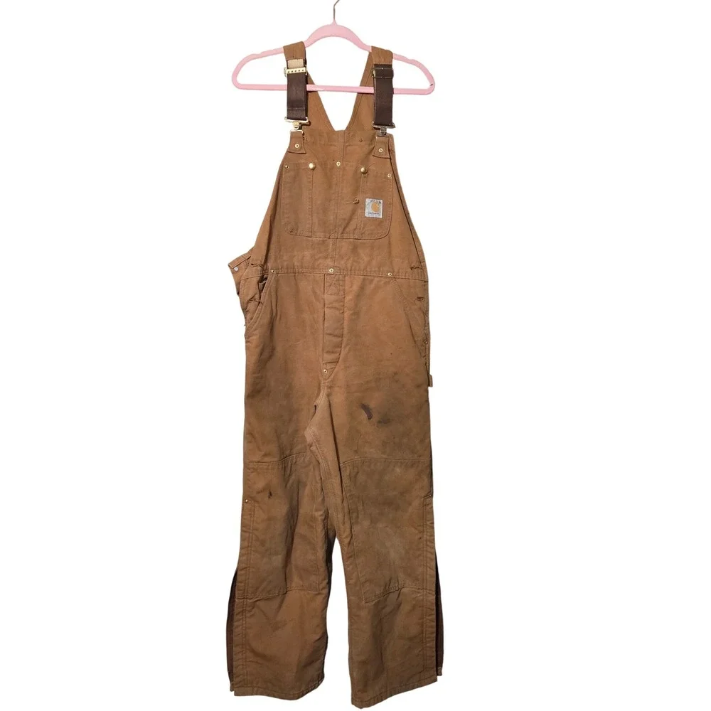 Carhartt Mens Brown Duck Canvas Double Knee Bib Overalls Grunge Distressed 38x30